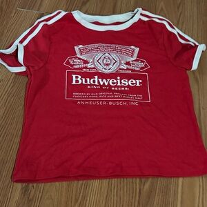 Budweiser Red White Trim Sport Short Sleeve Graphic T-‎ Shirt Size L Retro Y2k